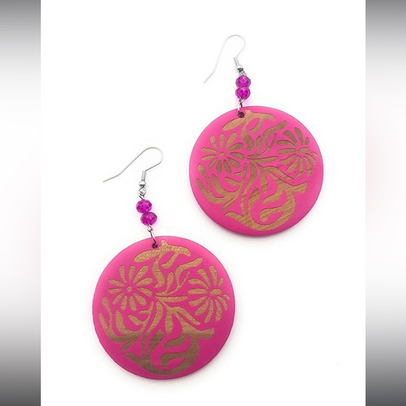 Hot Pink Wooden Disk Statement Dangle Earrings - Picture 3 of 5